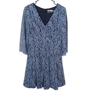 Eliza J Floral Romantic Guipure Lace Overlay Fit Flare Pleated Blue Dress 8‎